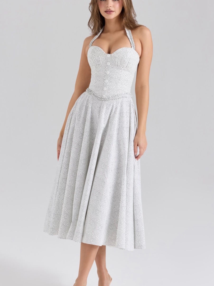 Bnwt- House Of Cb White Micro Dot “Georgie” Dress